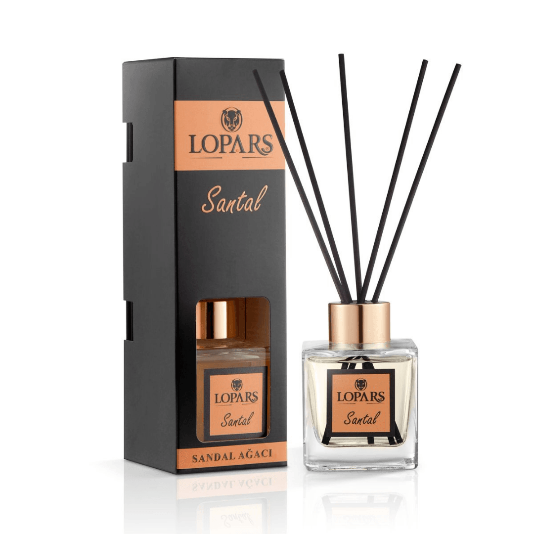 Lopars Sandal Ağacı 100 ml bambu çubuklu oda kokusu şişesi, odunsu ve doğal lüks ortam kokusu.