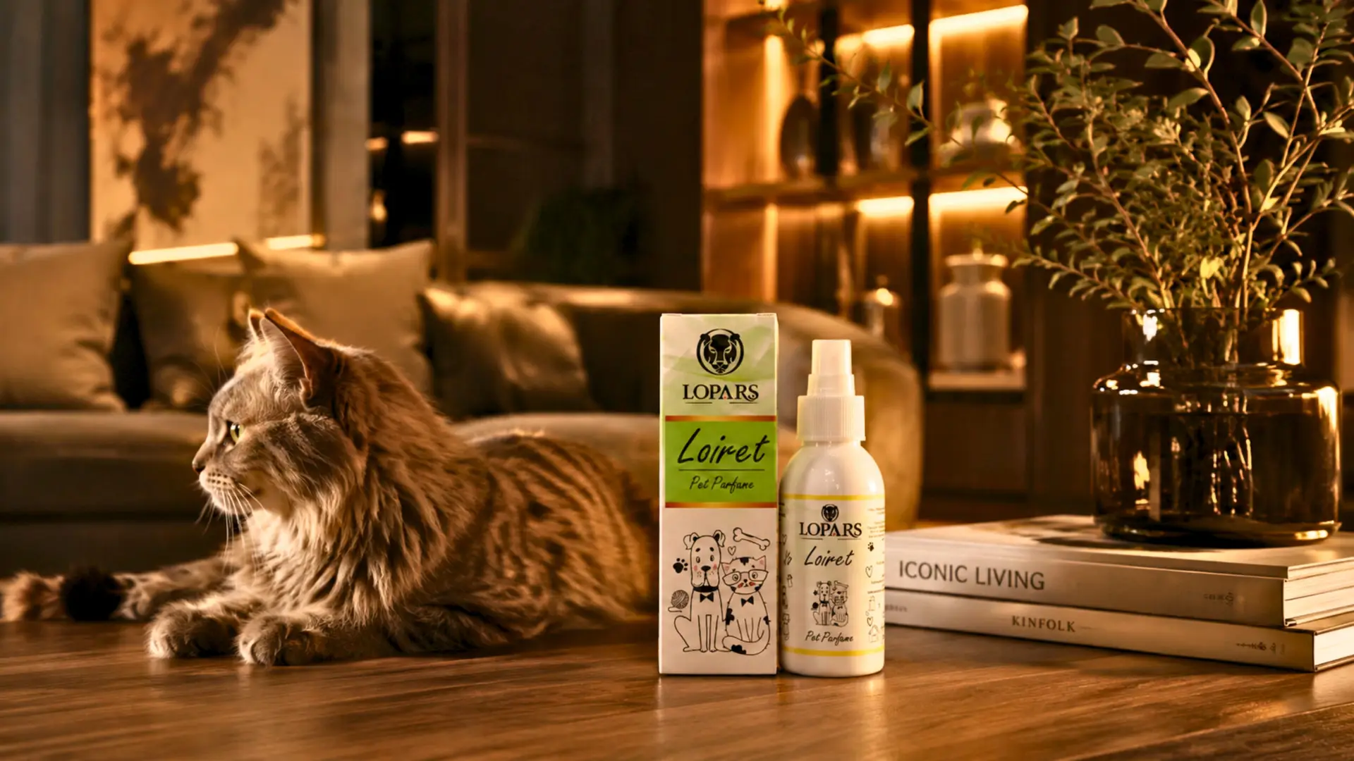 Kedi bulunan premium yaşam alanında kullanılan Lopars ortam kokusu ve dengeli atmosfer deneyimi.